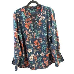 Tommy Hilfiger Women's Popover Plus Sz Top XL Split Neck Blue Floral Cottage